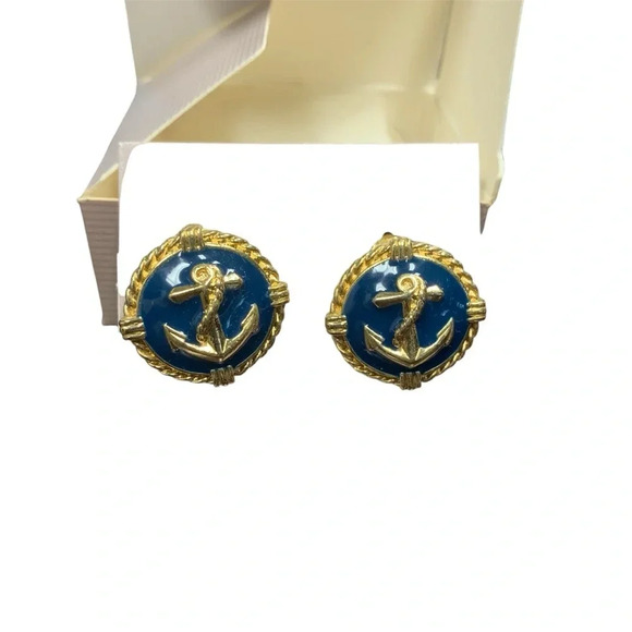 Avon Jewelry - Avon vintage Nautical Anchor Blue and Gold tone clip Earrings NIB 1988